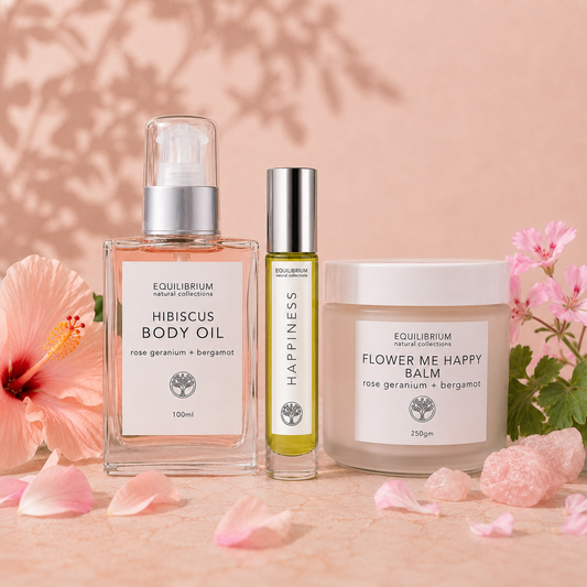 HIBISCUS BODY OIL, FLOWER ME HAPPY BALM & HAPPINESS PERFUME