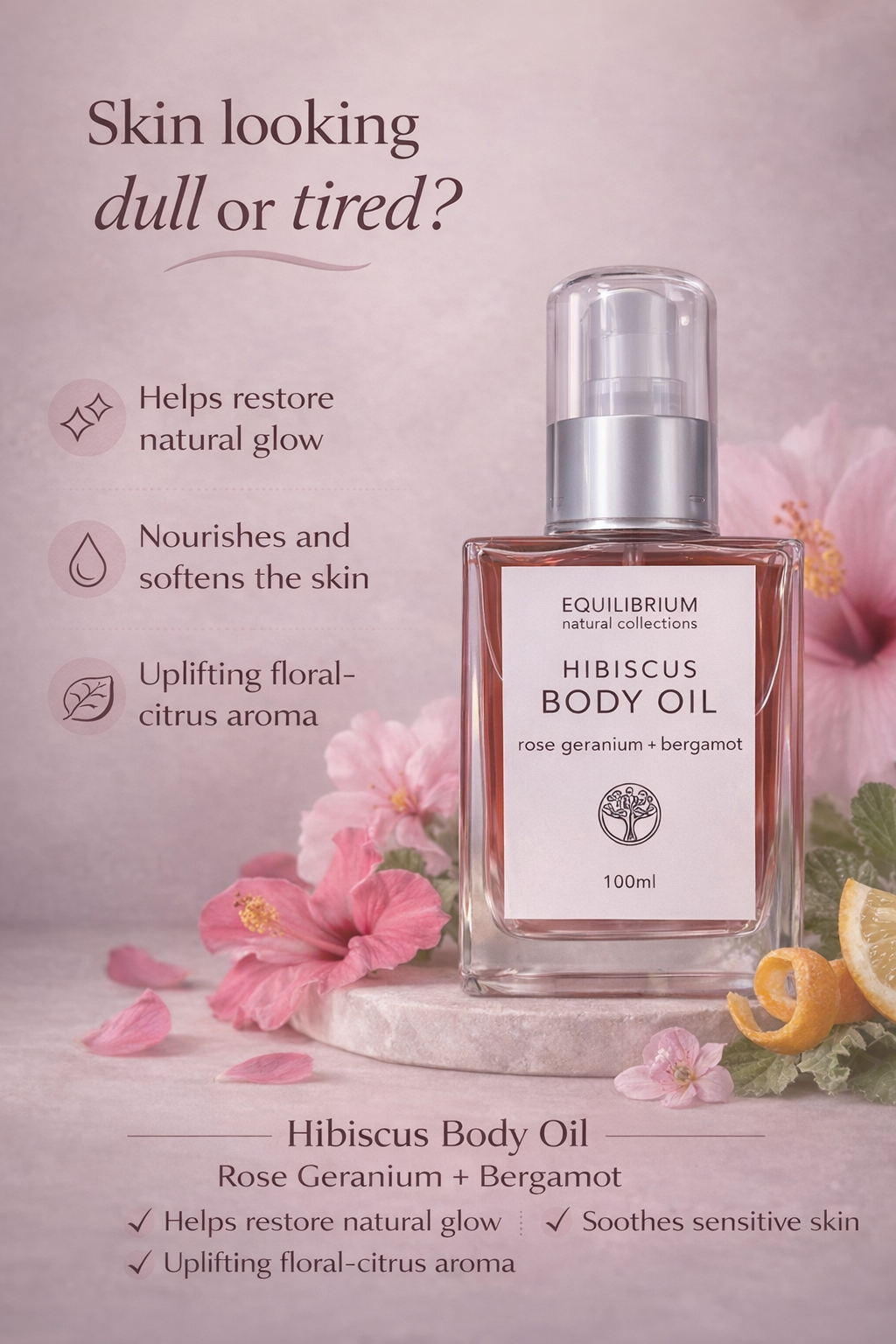 Hibiscus body oil bottle with floral elements on a pink background