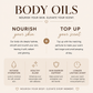 Promotional graphic for body oils with text and icons on a beige background