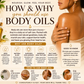 Infographic on using body oils with text and images of a woman applying oil to her skin.
