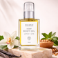 Bottle of hemp body oil with vanilla and patchouli on a marble surface