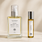 bottle of Equilibrium hemp body oil with matching patchouli and vanilla perfume on a beige background